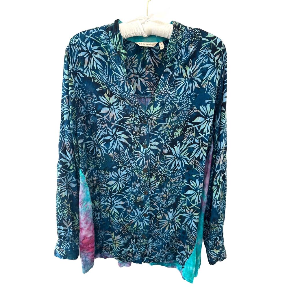 SOFT SURROUNDINGS | Tie Dye Floral Blouse Teal Blue Button Front Shirt | Medium